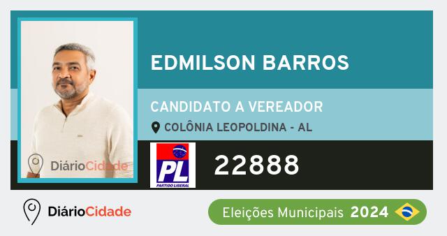 Santinho de Edmilson Barros ( 22888 ), candidato a Vereador em Colônia Leopoldina - AL, nas Eleições 2024