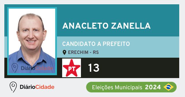 Santinho de Anacleto Zanella ( 13 ), candidato a Prefeito em Erechim - RS, nas Eleições 2024