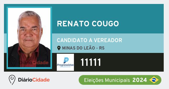 Santinho de Renato Cougo ( 11111 ), candidato a Vereador em Minas do Leão - RS, nas Eleições 2024