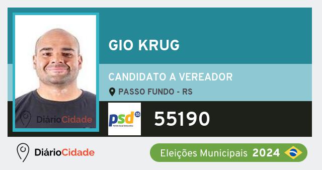 Santinho de Gio Krug ( 55190 ), candidato a Vereador em Passo Fundo - RS, nas Eleições 2024