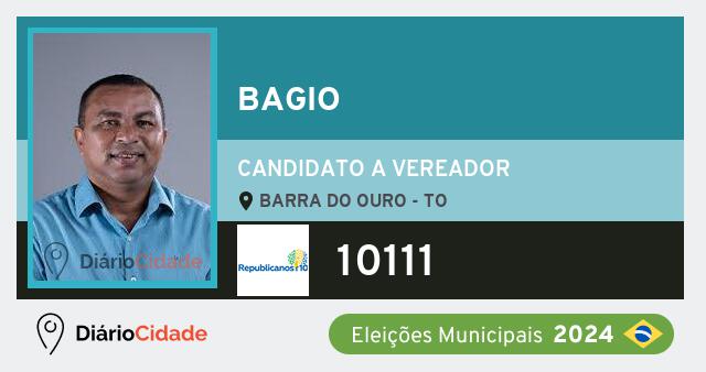 Santinho de Bagio ( 10111 ), candidato a Vereador em Barra do Ouro - TO, nas Eleições 2024